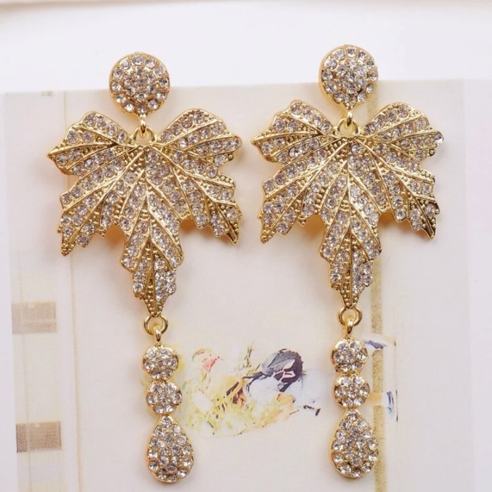 Golden leaf rhinestone dangle earrings